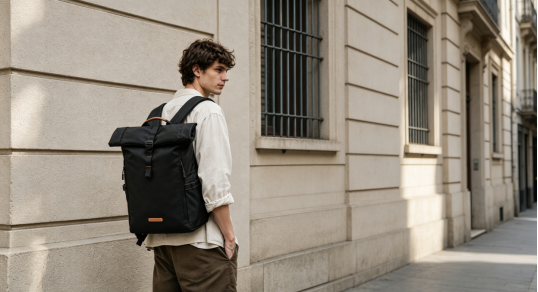 NayoSmart Urban U8 Roll‑top Backpack black, man wearing backpack urban street lifestyle shot for men commute travel
