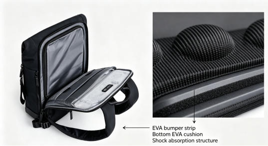 360 degree all-round EVA protection for backpack laptop sleeve, shock absorbing EVA foam bumper structure, backpack exterior and internal protective padding detail comparison