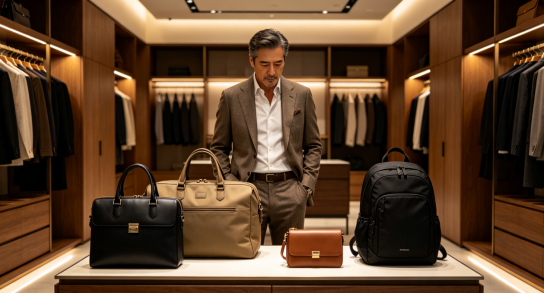 Sophisticated businessman in walk-in wardrobe looking at different styles of men bags on display table, exploring why people stop using bags they initially loved