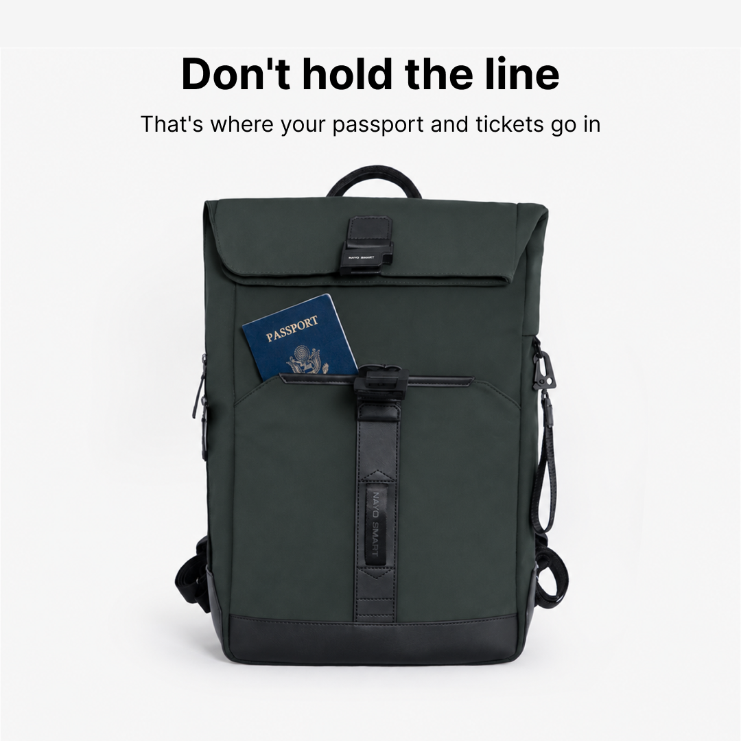 Herman Pro in Ash Green: Front pocket with travel essentials
