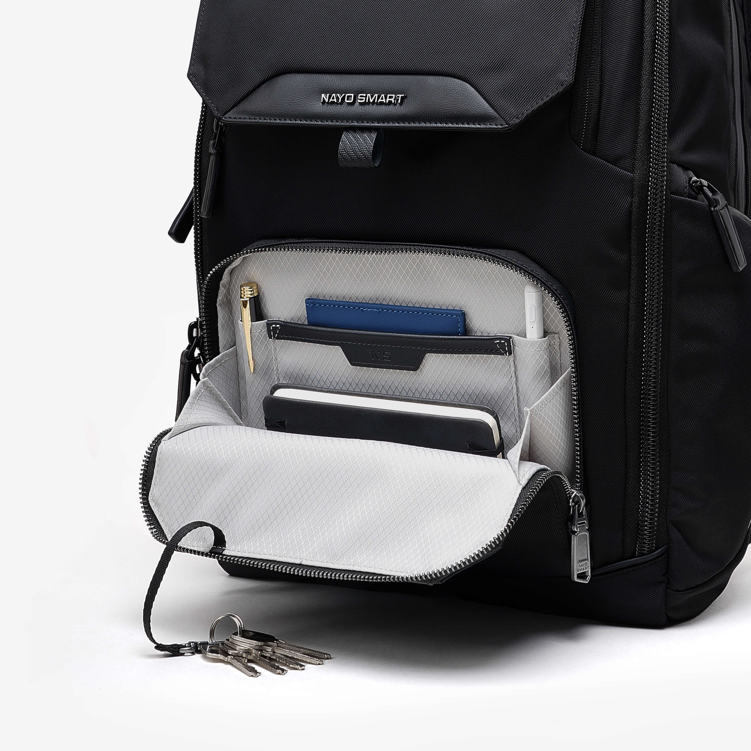 Nayo Smart Almighty A1 business travel backpack open interior pocket with keys, pen and tablet storage
