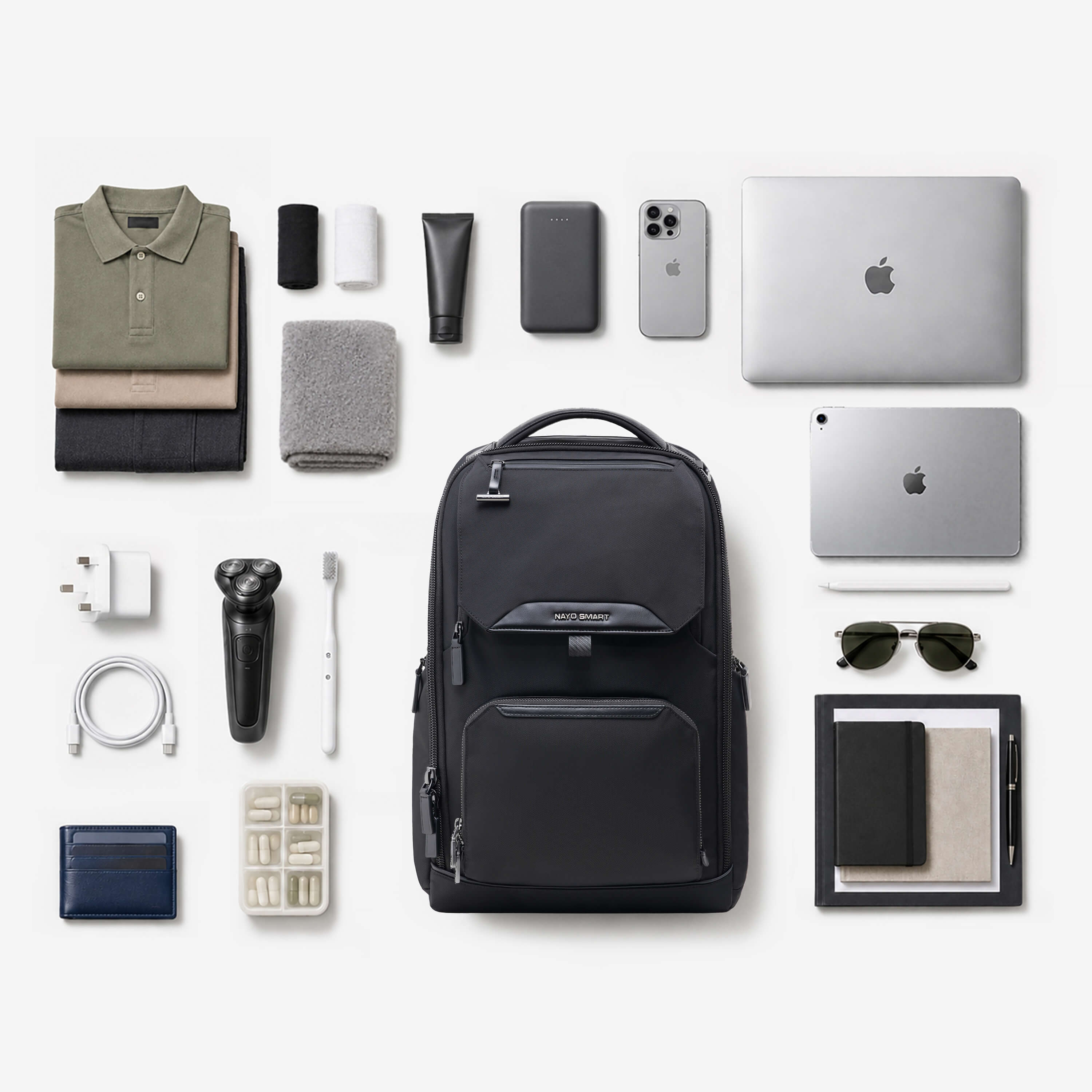 Nayo Smart Almighty A1 backpack layout with travel tech accessories laptop phone cables organizer