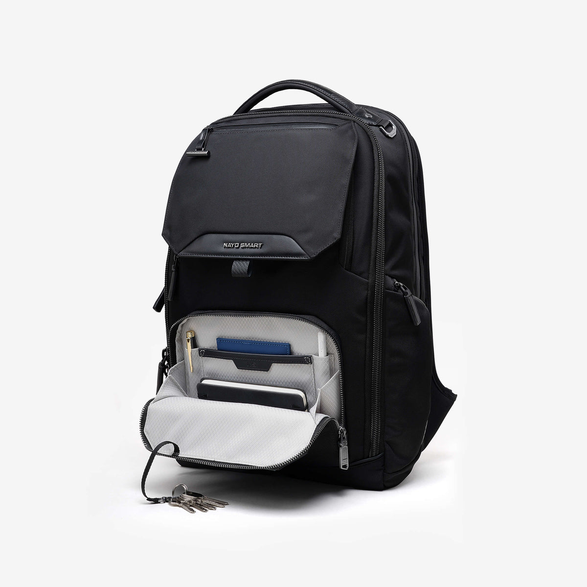 Nayo Smart Almighty A1 business travel backpack open front quick‑access pocket studio view