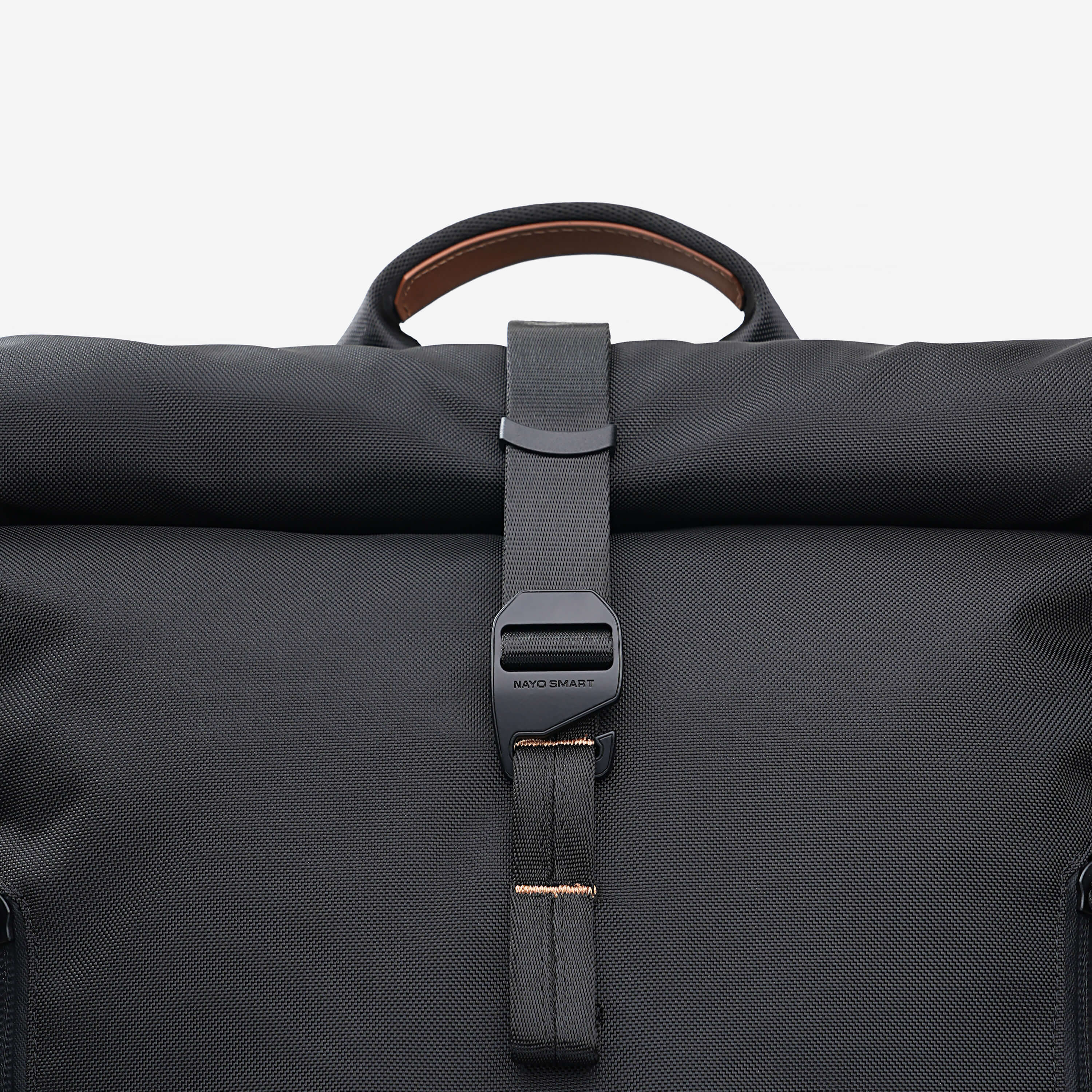 Close-up of side release buckle clip on NayoSmart Urban U8 black roll-top backpack, quick-access main compartment fastener detail