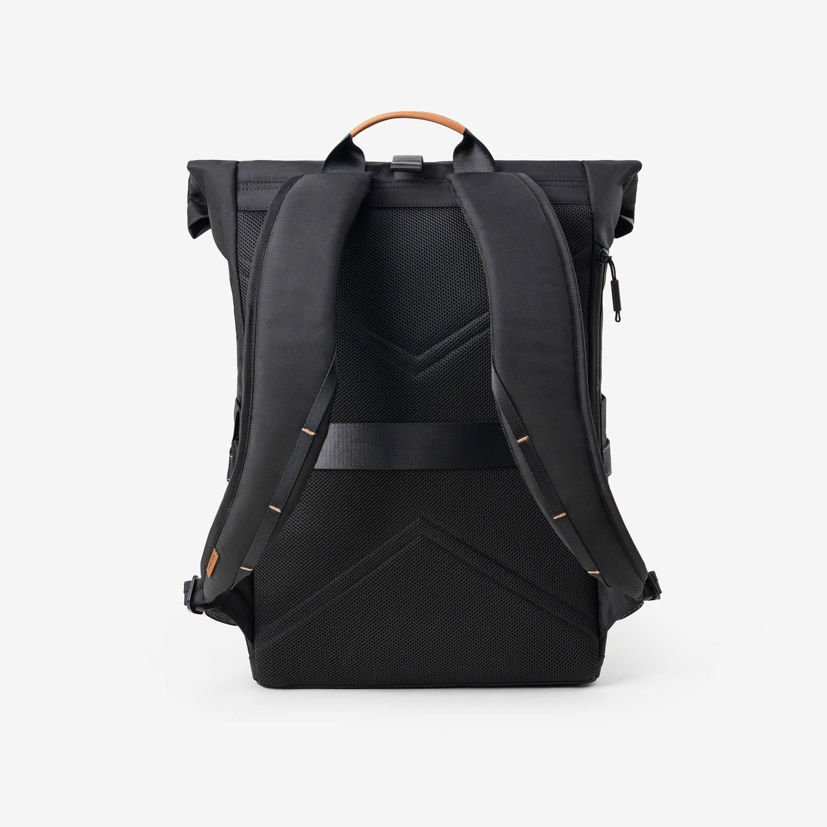 Rear view of NayoSmart Urban U8 black roll-top backpack, ergonomic padded back panel and shoulder straps on white background