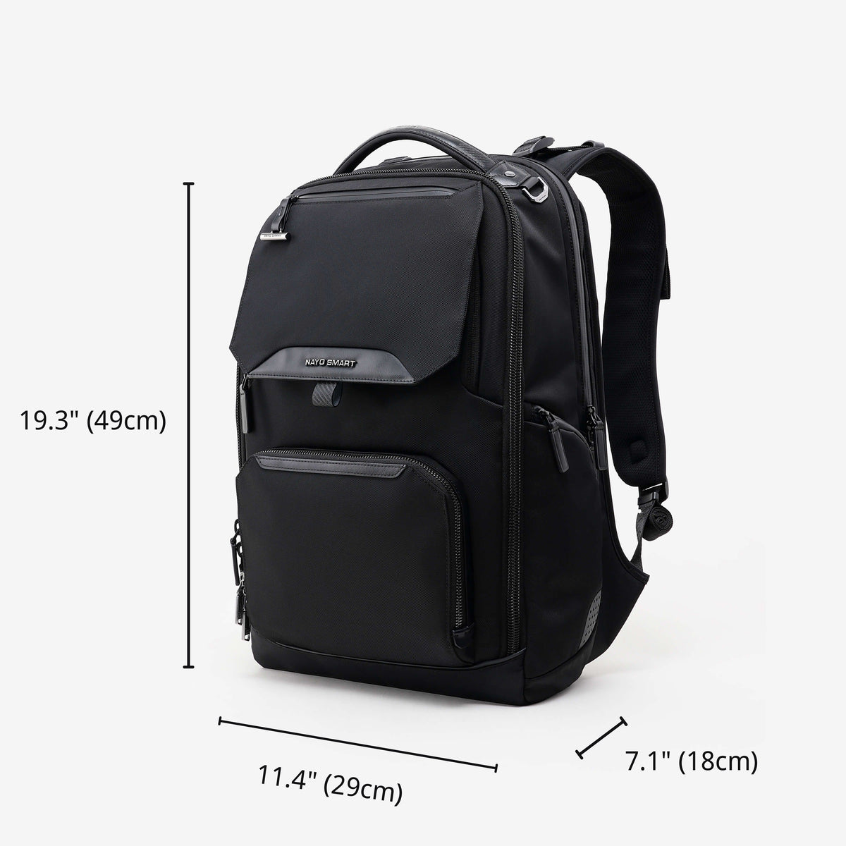 Nayo Smart Almighty A1 business travel backpack studio shot with dimension size diagram, height 19.3", width 11.4", depth 7.1"