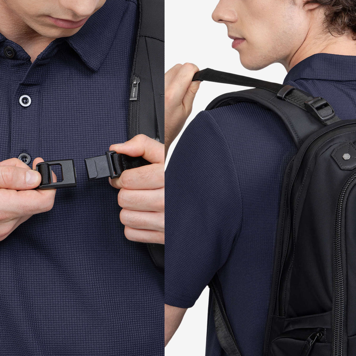Nayo Smart Almighty A1 business travel backpack collage showing quick‑release chest buckle and adjustable shoulder strap details