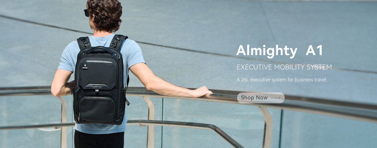 NayoSmart Almighty A1 executive business backpack banner, premium travel laptop backpack for work travel, desktop