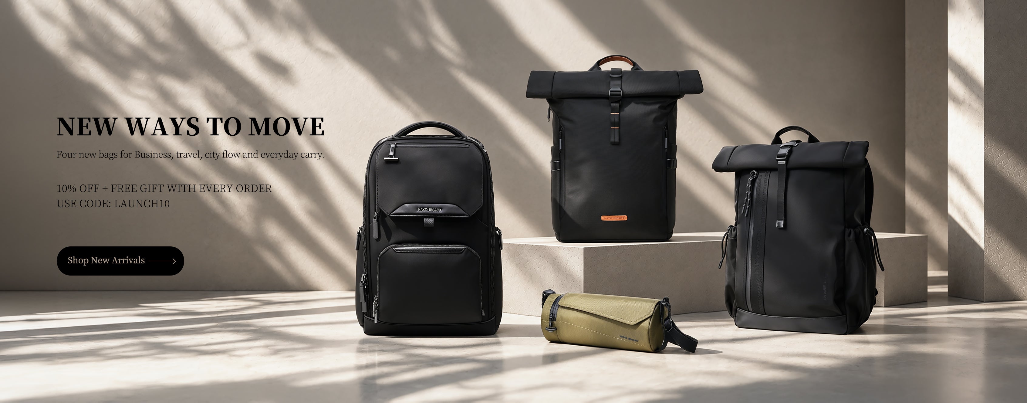 NayoSmart banner for new launch A1 business bag, U8, U9 commuter backpacks and UL5 crossbody bag, modern everyday carry bags