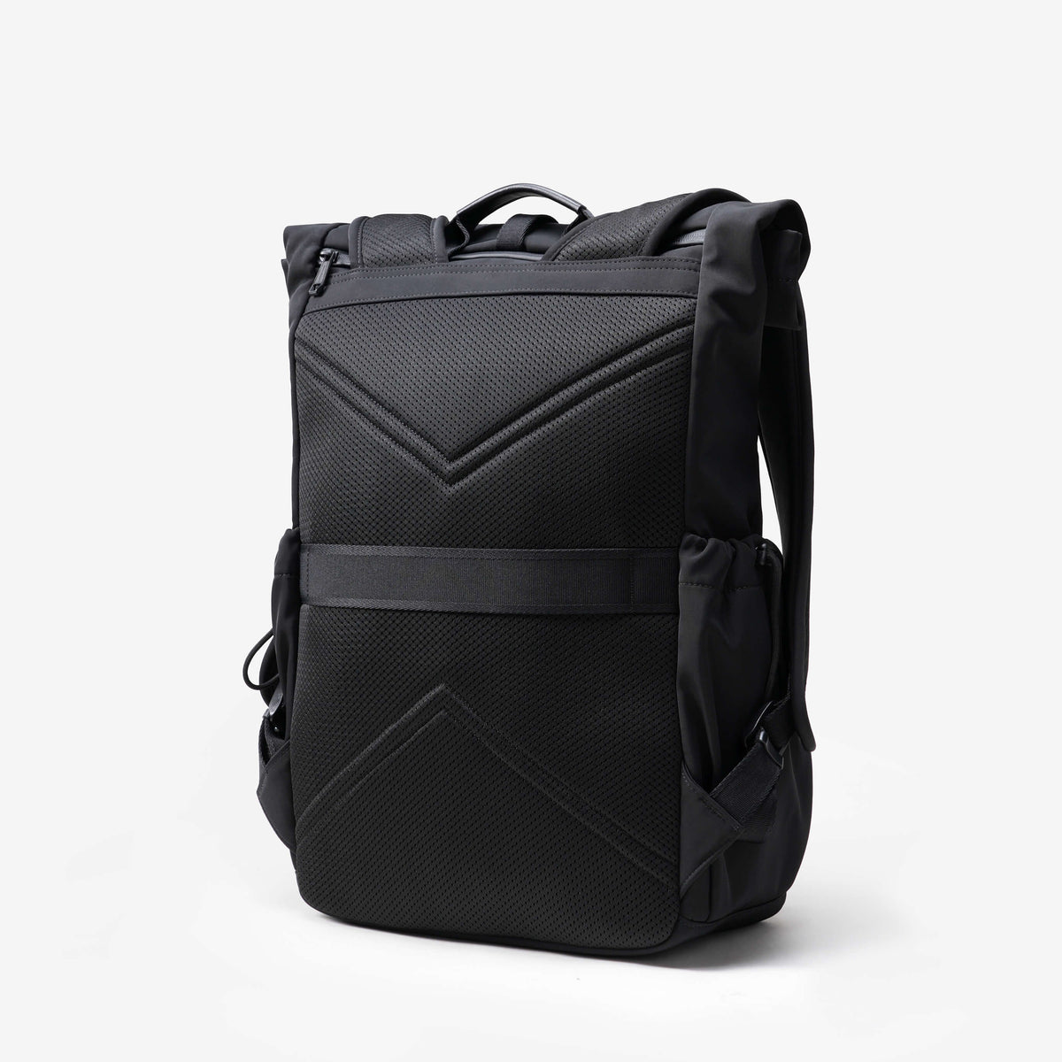 NayoSmart Urban U9 roll‑top backpack black ergonomic padded back panel close‑up, breathable supportive backpack back design