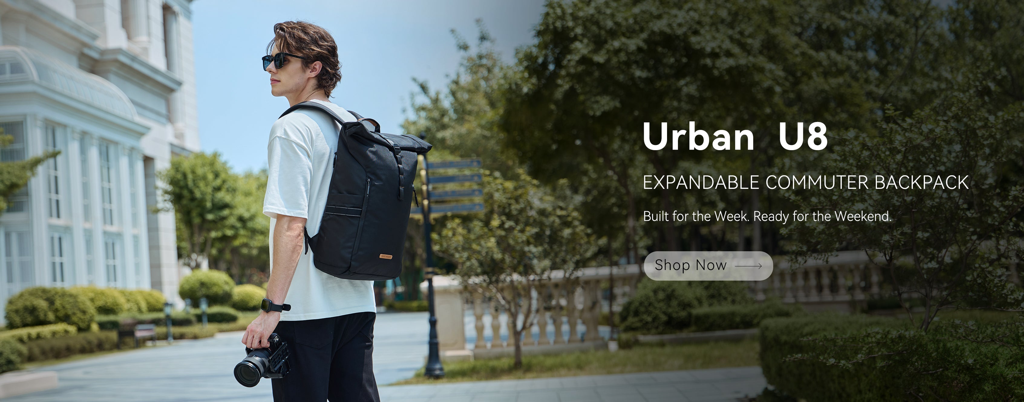 NayoSmart Urban U8 expandable computer backpack banner, durable city commute backpack for everyday use, desktop