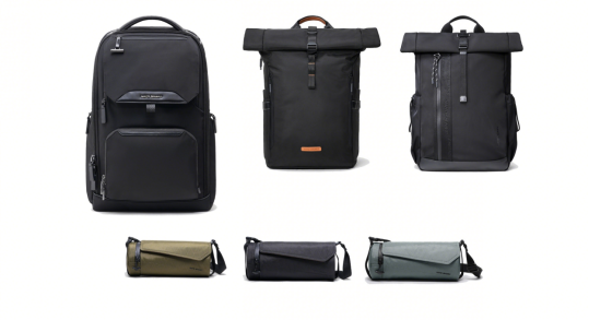 Nayo Smart Urban Series bag collection: Almighty A1 business backpack, Urban U8 roll-top backpack, Urban U9 roll-top backpack, Urban UL5 cylinder sling bag, all black and multi color options