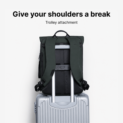 Herman Pro in Ash Green: Luggage pass-through on a suitcase