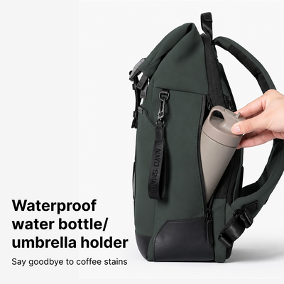 Herman Pro in Ash Green: Side pocket holding a bottle