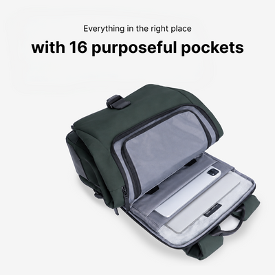 Herman Pro in Ash Green: Laptop and tablet compartments