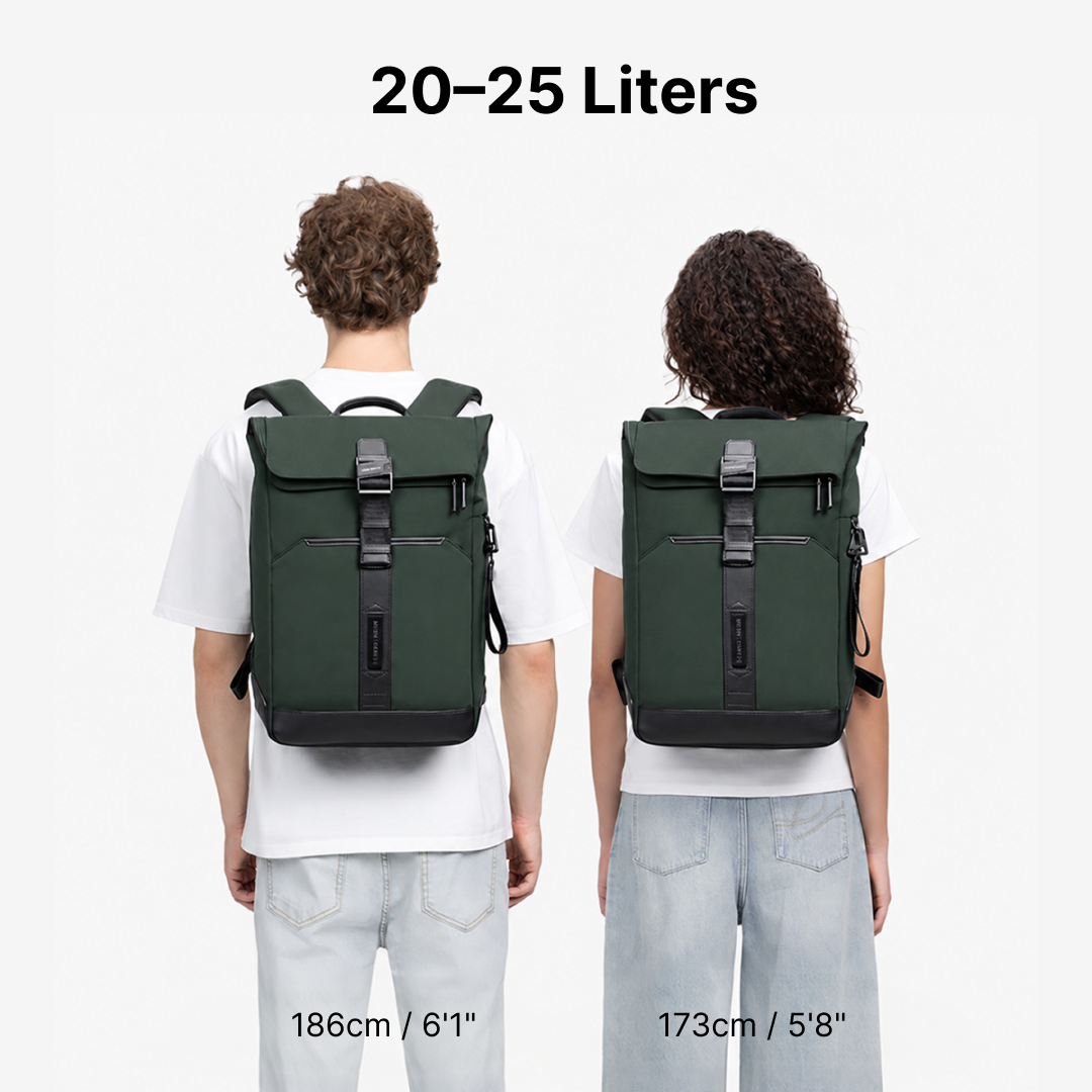 Herman Pro in Ash Green: Backpack size shown on two models