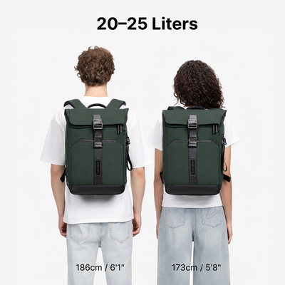Herman Pro in Ash Green: Backpack size shown on two models