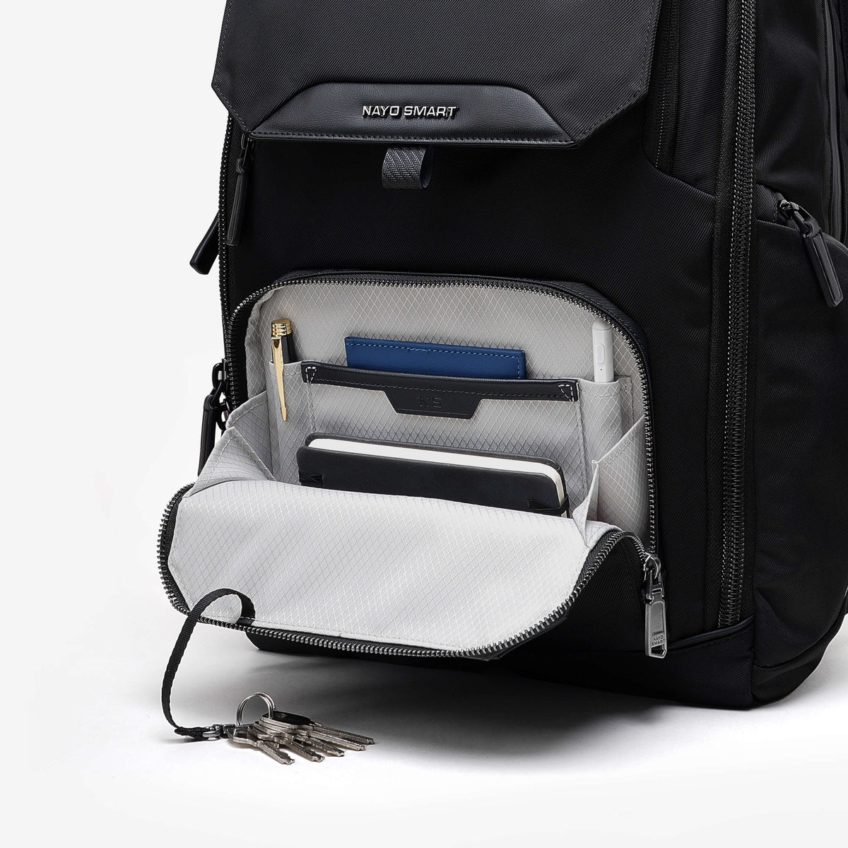 Nayo Smart Almighty A1 business travel backpack open interior pocket with keys, pen and tablet storage
