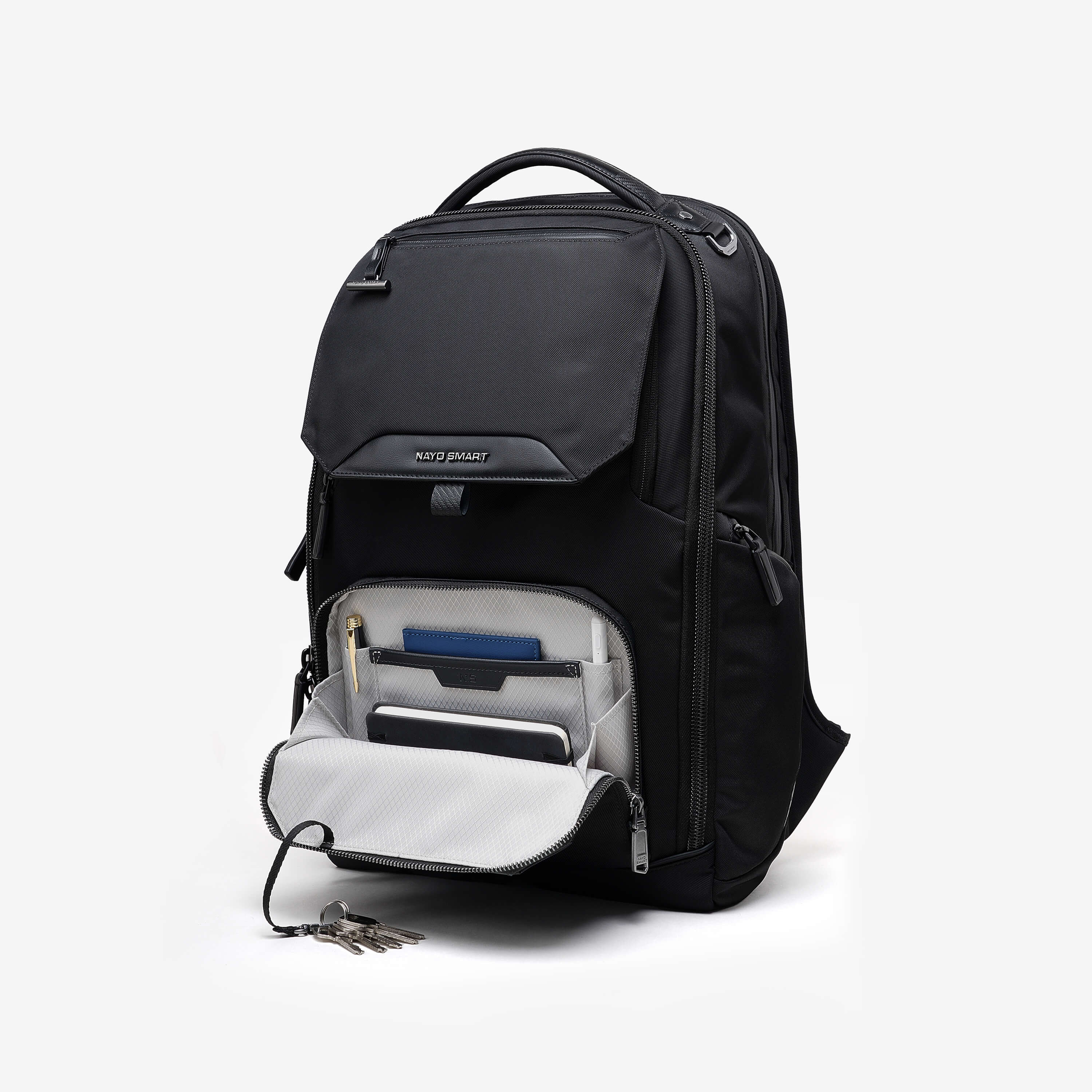 Nayo Smart Almighty A1 business travel backpack open front quick‑access pocket studio view
