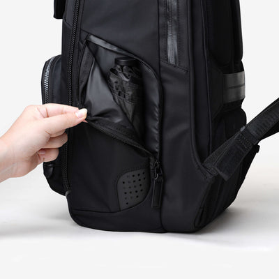Nayo Smart Almighty A1 business backpack stretch side pocket demonstration with hand