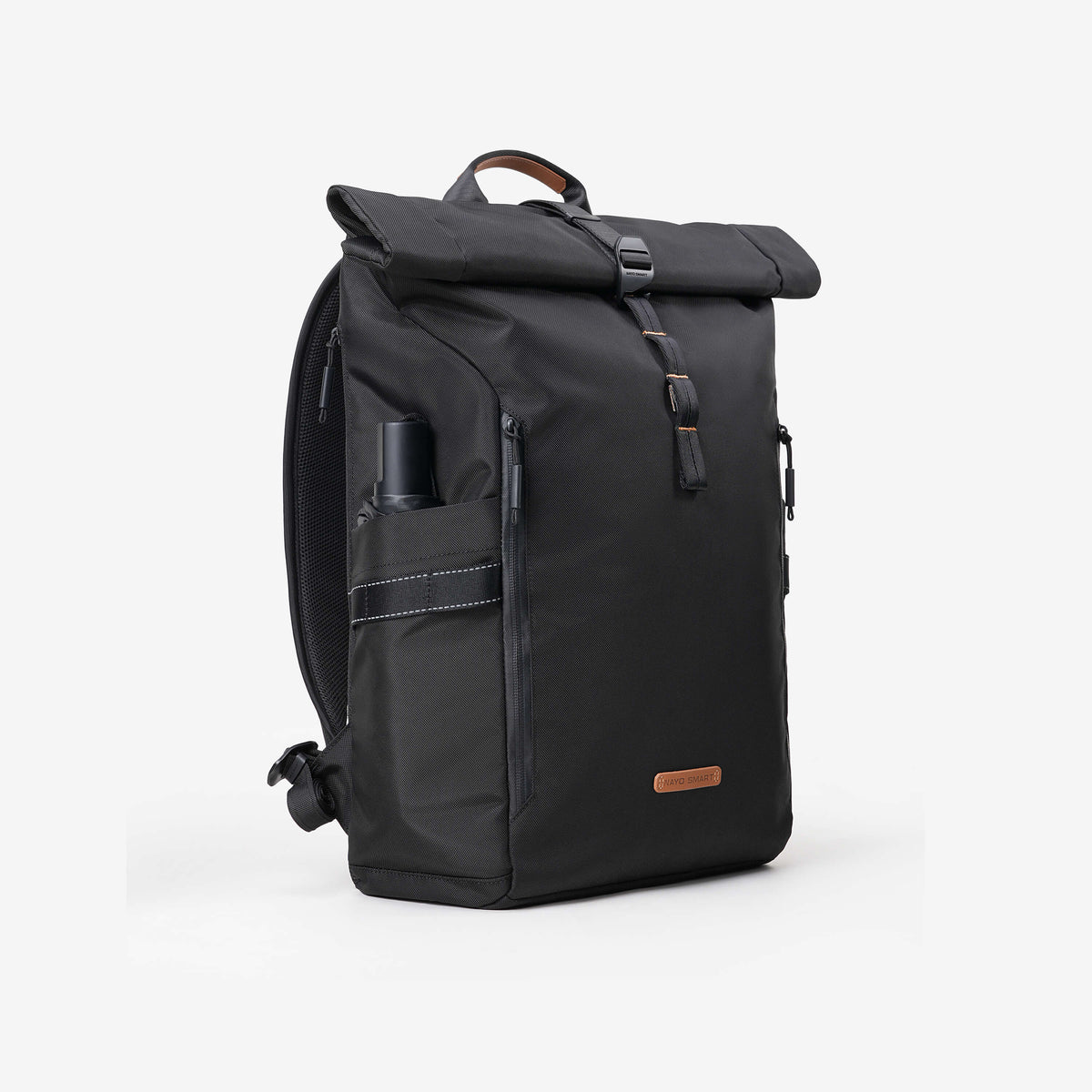 NayoSmart Urban U8 roll‑top backpack black, right side umbrella storage pocket, side profile view on white background