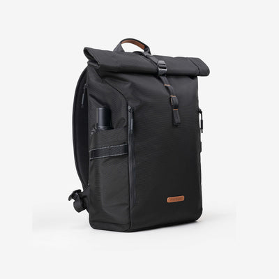 NayoSmart Urban U8 roll‑top backpack black, right side umbrella storage pocket, side profile view on white background
