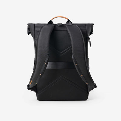 Rear view of NayoSmart Urban U8 black roll-top backpack, ergonomic padded back panel and shoulder straps on white background