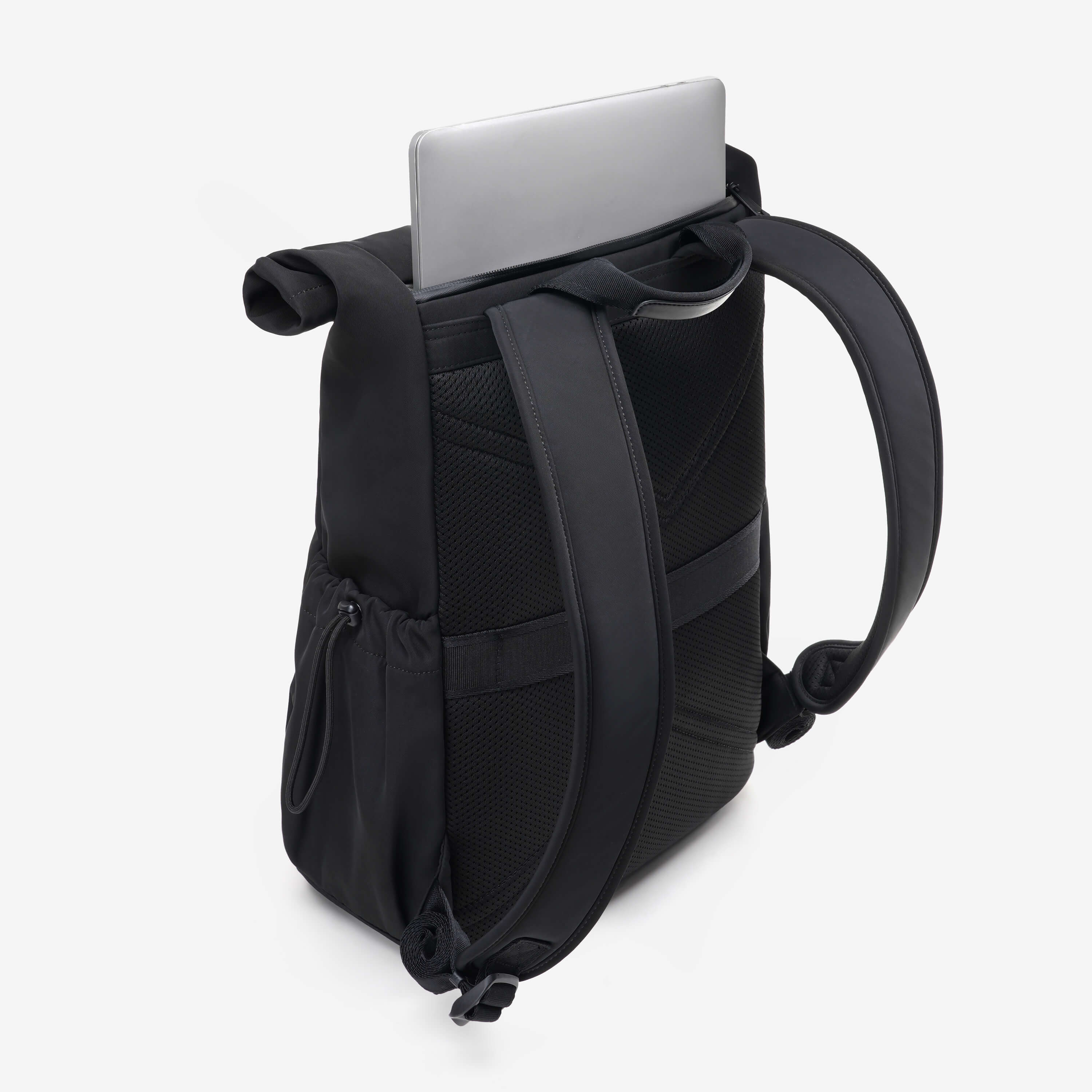 NayoSmart Urban U9 roll‑top backpack black rear‑loading laptop compartment demo, laptop inserted from back panel