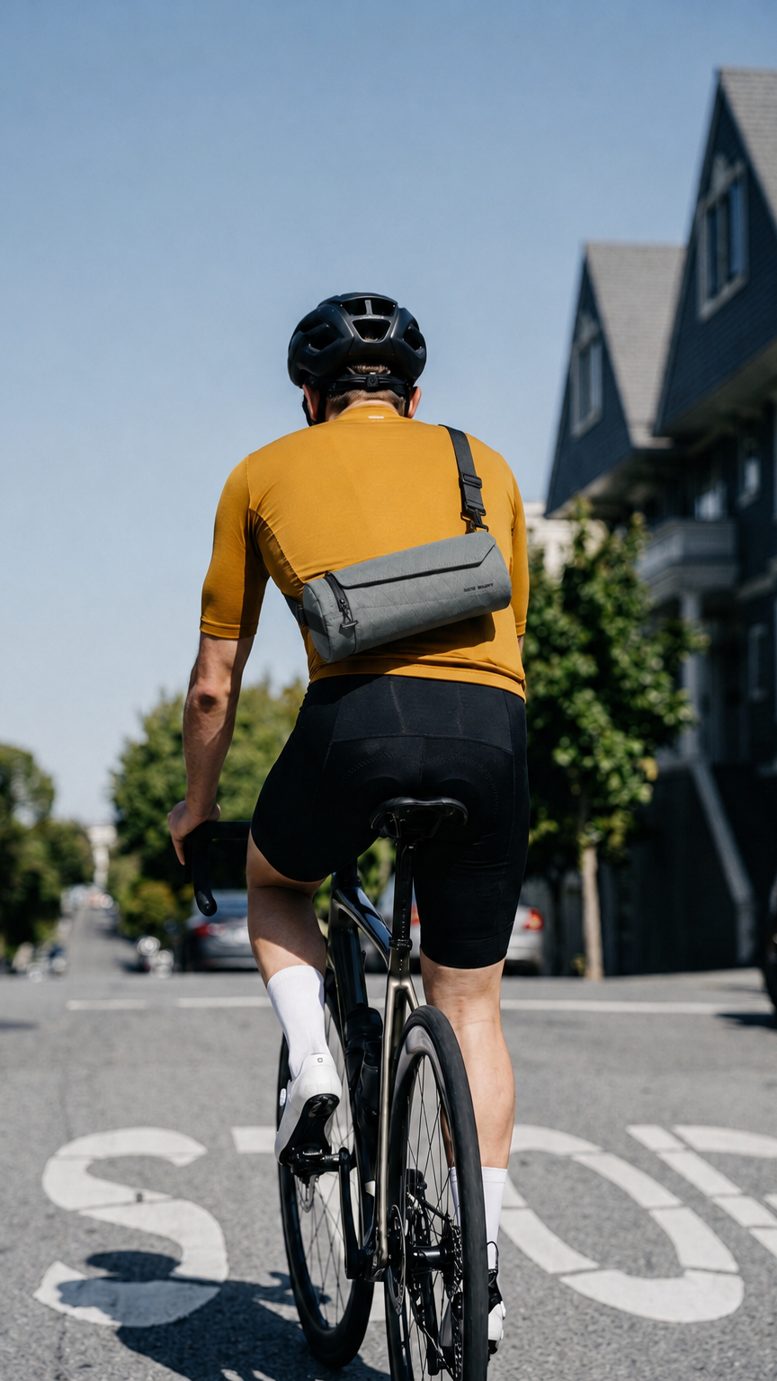 Nayo Smart UL5 Cylinder Sling Bag Grey urban cycling lifestyle, man riding bike with crossbody sling bag