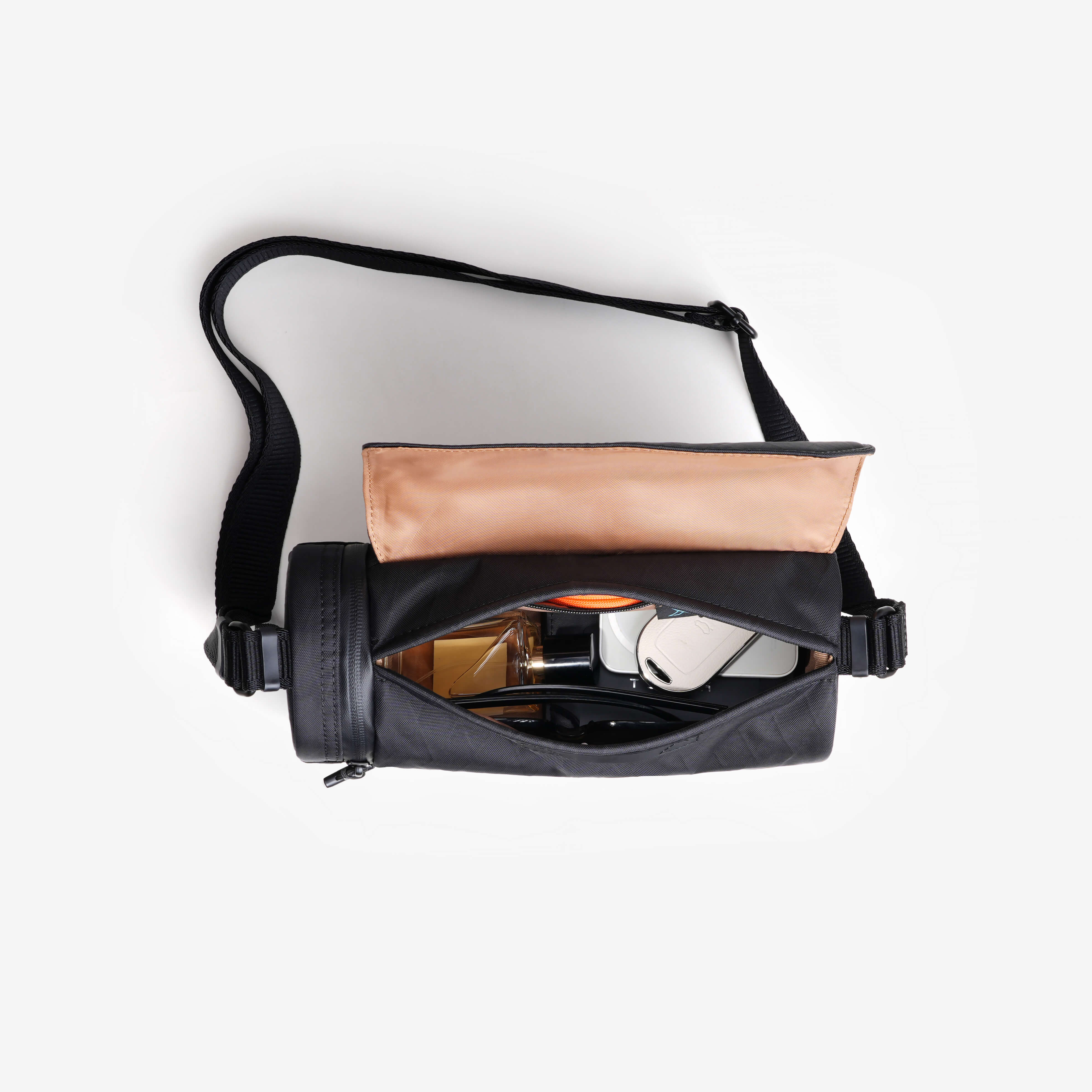 Nayo Smart Urban UL5 Cylinder Sling Bag Black, open interior view, storage layout