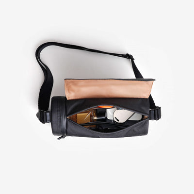 Nayo Smart Urban UL5 Cylinder Sling Bag Black, open interior view, storage layout