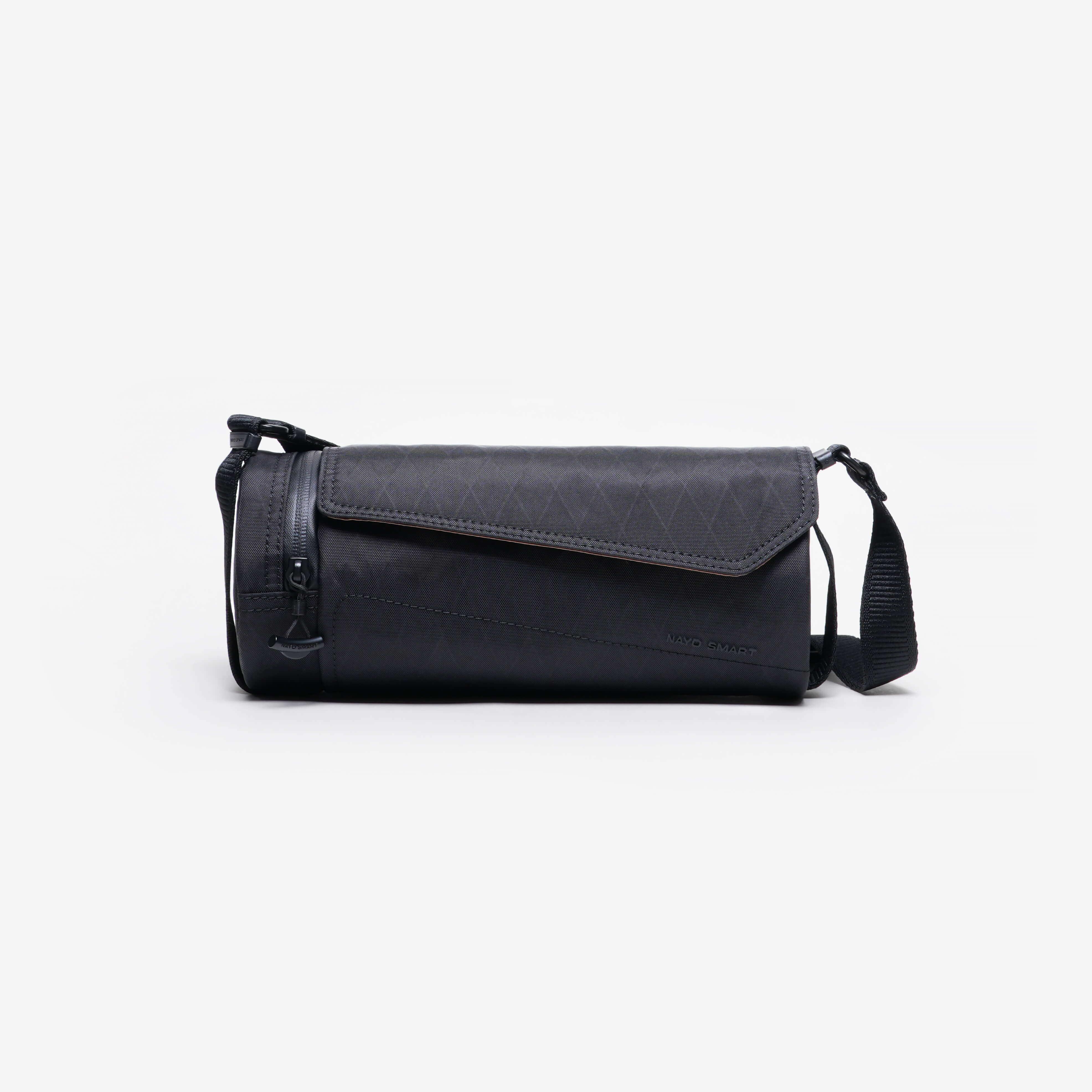 Nayo Smart Urban UL5 Cylinder Sling Bag Black, front flat studio shot, black crossbody bag