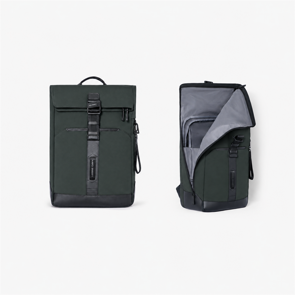 Herman Pro in Ash Green: Half-roll top open and closed