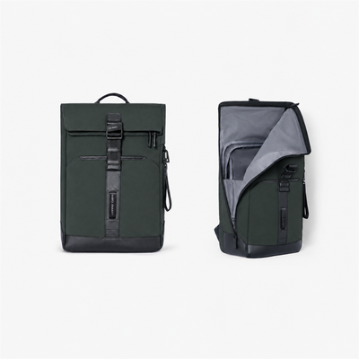 Herman Pro in Ash Green: Half-roll top open and closed