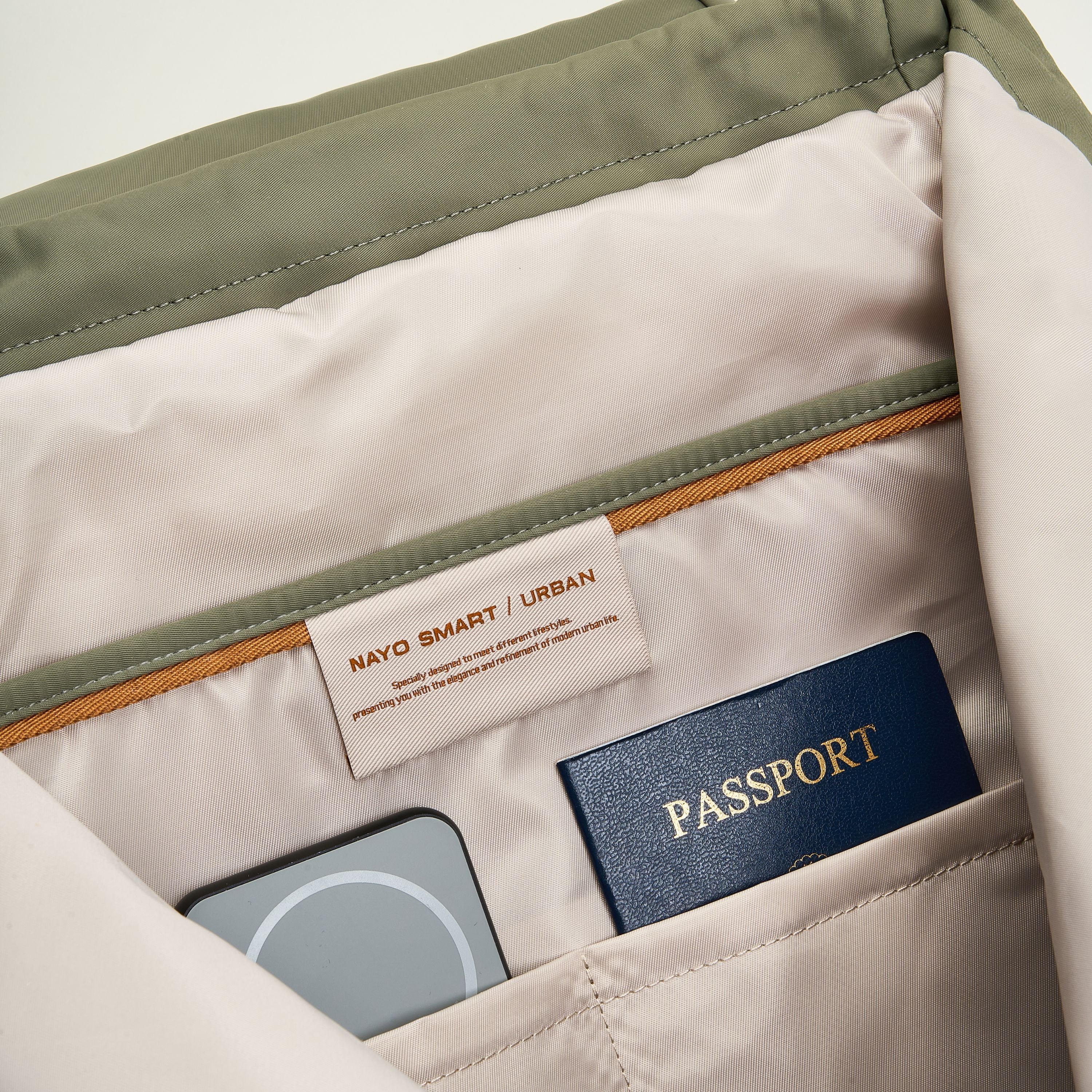 nayo smart urban u7 backpack olive green inside view logo