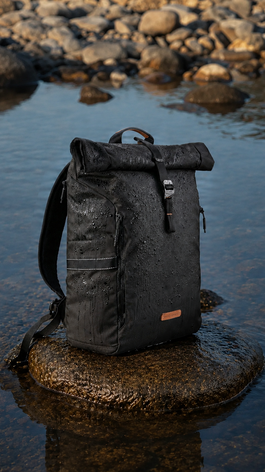 NayoSmart Urban U8 black roll‑top backpack covered with water droplets on riverside stone, demonstrates water‑repellent fabric performance for outdoor commute