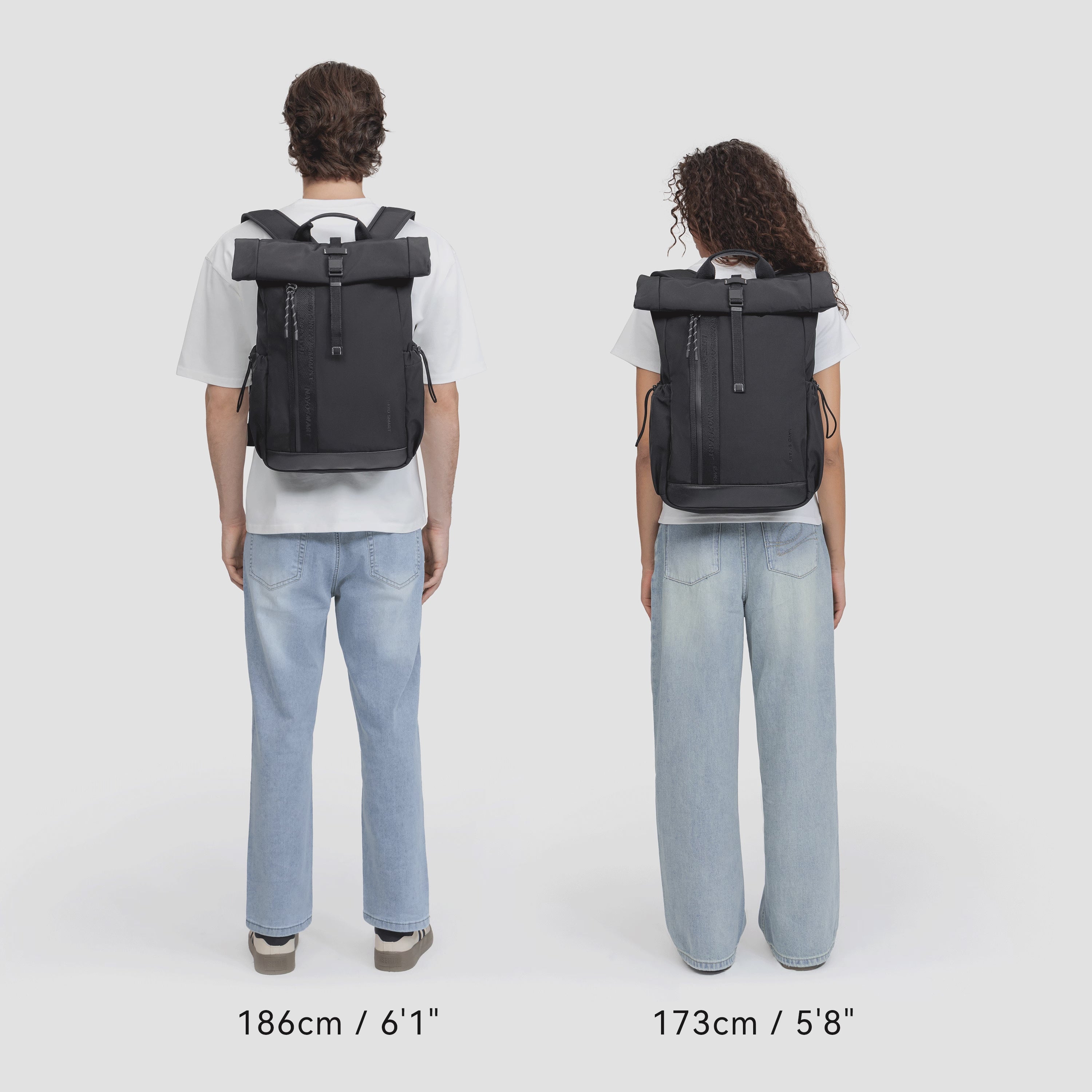 NayoSmart Urban U9 Roll-top Backpack shown in three carrying styles