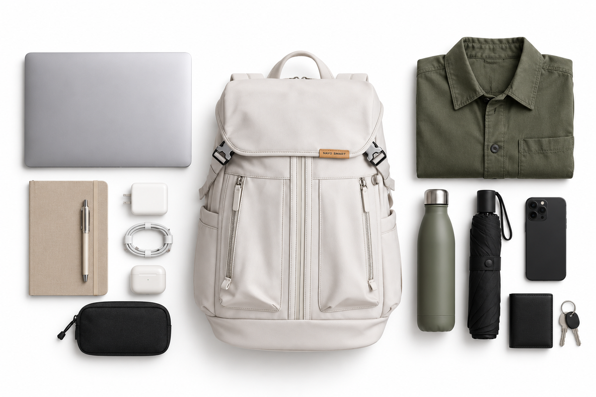 Illustrative everyday packing layout with the off-white NAYO SMART Urban U5 backpack, laptop, notebook, charger, tech pouch, light overshirt, bottle, compact umbrella, phone, wallet and keys.