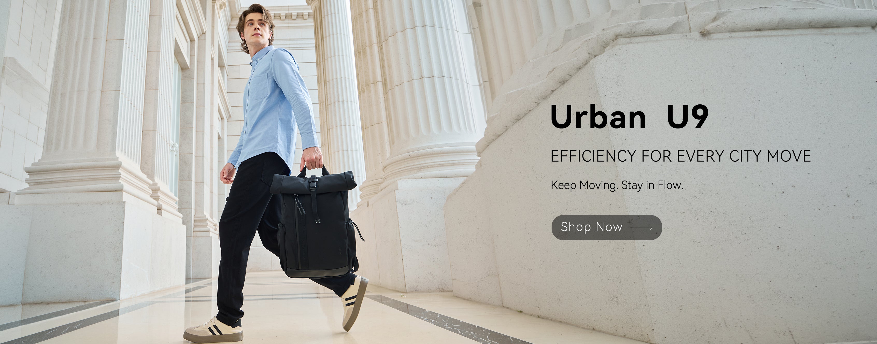 NayoSmart Urban U9 city travel backpack banner, stylish roll‑top commuter backpack for modern city life, desktop